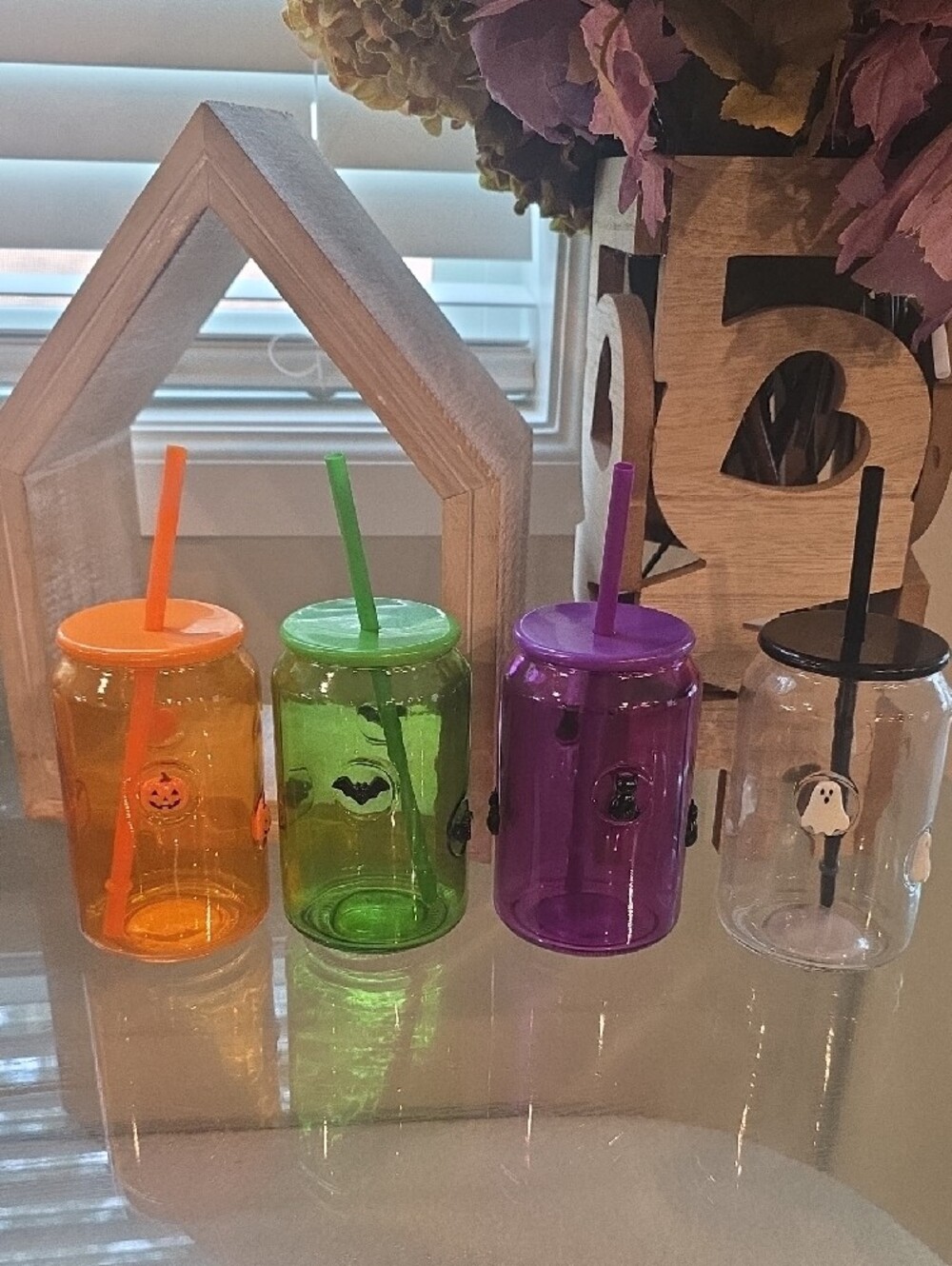 4 Halloween Glass Tumbler Cup Set - Orange, Green, Purple, Clear